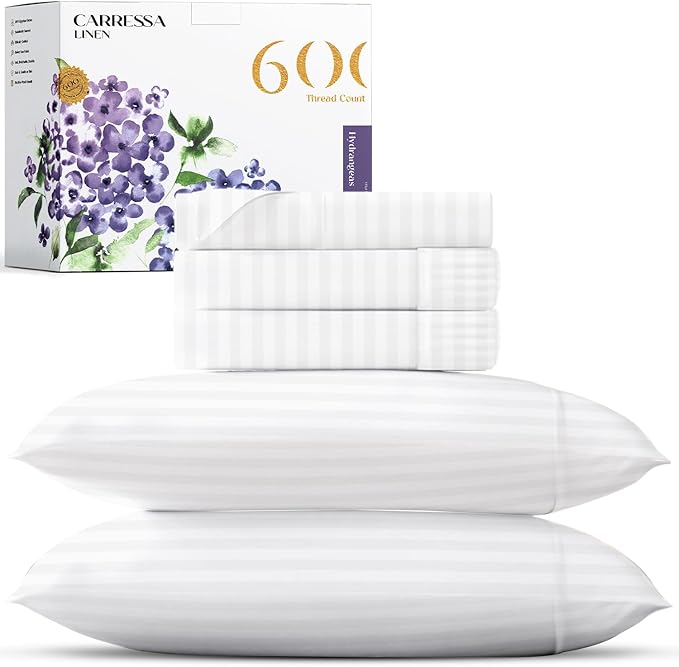 Carressa Linen Striped Split King Sheets Sets for Adjustable Bed - 100% Egyptian Cotton 600 Thread Count 5 PC Top Split King Sheet (White), 16" Deep Pocket Soft Cooling Luxury Hotel Damask Sheets