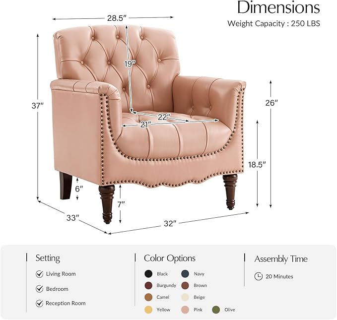 HULALA HOME Mid Century Modern Leather Club Chairs Set of 2, Top-Grain Genuine Leather Armchairs with Button-Tufted Back & Solid Wood Legs, Accent Chairs for Living Room/Bedroom/Home Office, Pink