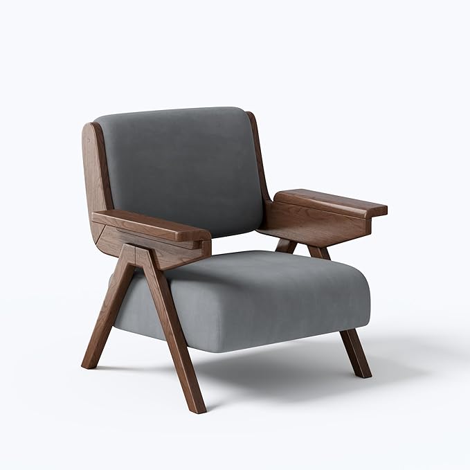 Mid Century Modern Accent Chair, Fabric Upholstered Lounge Arm Chair with Solid Wood Frame for Living Room, Bedroom, Office, Reading Corner (Gray, Single Chair)