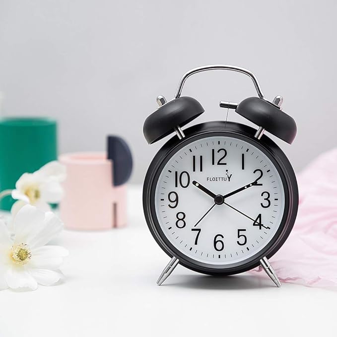 {Loud Alarm for Deep Sleepers) 4'' Twin Bell Alarm Clock with Backlight for Bedroom and Home Decoration(Black)