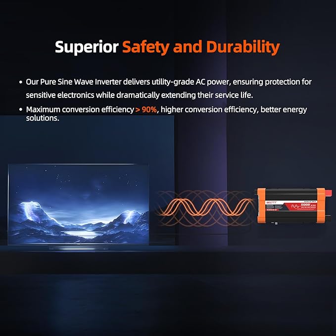 BELTTT 1500W Pure Sine Wave Inverter 12V to 120V AC, Car Power Inverter 12V to 110V Converter for RV, Truck, Solar, Off-Grid with Dual AC Socket, 5V 2.1A USB, Surge 3000W, Smart LCD Display