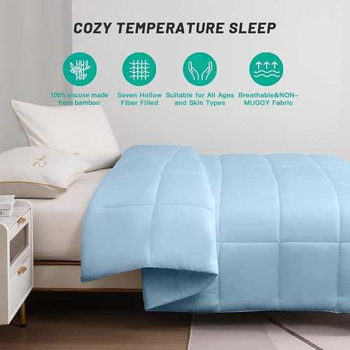 100% Viscose Made from Bamboo Comforter, Soft Lightweight Queen Size Summer Cooling Comforter Down Alternative Duvet Insert, 8 Corner Tabs（88x88 Inches, Light Blue-Summer）