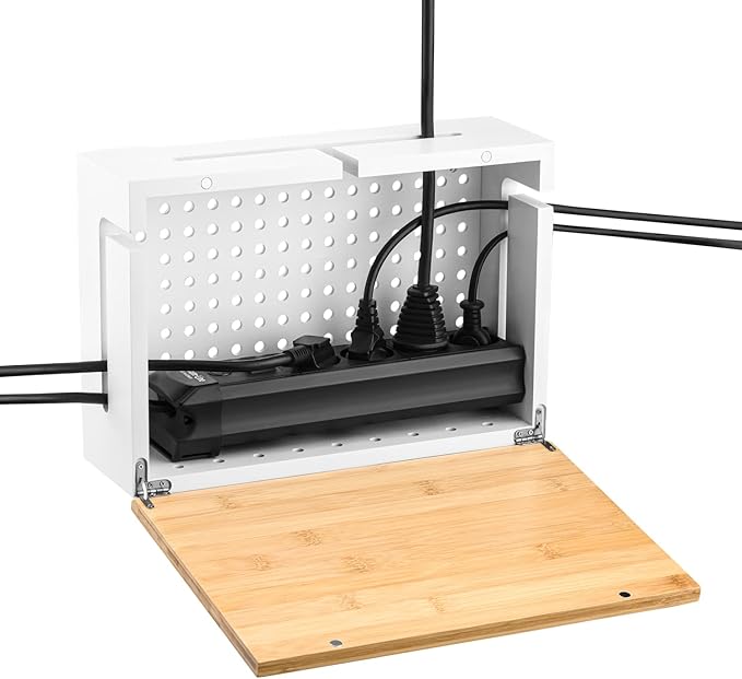 Bamboo Cable Management Box with Magnetic Lid - 12,6x7,9x4.3 in - Durable Cable Organizer to Hide Cords & Power Strip - Wall Mountable - Including Hardware - for Home, Office, Desk & More (White)