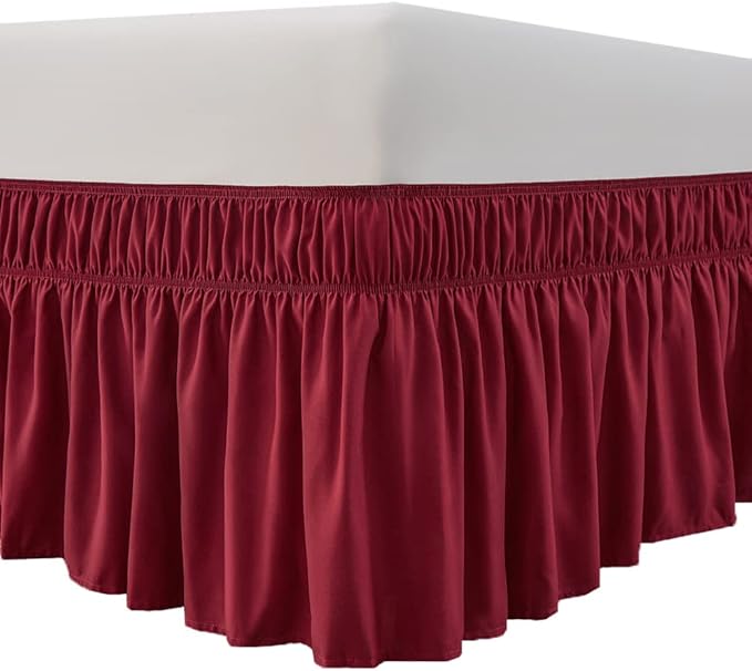 MEILA Wrap Around Bed Skirt Three Fabric Sides Elastic Dust Ruffled 18 Inch Tailored Drop,Easy to Install Fade Resistant-Burgundy, Twin/Full