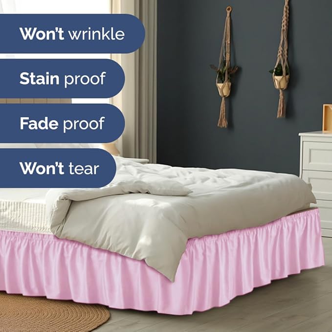 Wrap Around Dust Ruffle Bed Skirt - Light Pink - for Full Size Beds with 21 Inch Drop - Elastic Strap - Adjustable Pleated Bedskirt with Brushed Fabric and Wrinkle Free - for Women, Men, Kids & Teens