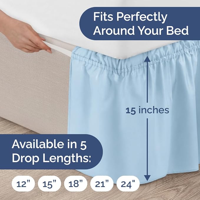 Wrap Around Dust Ruffle Bed Skirt - Light Blue - for Queen Size Beds with 18 Inch Drop - Elastic Strap - Adjustable Pleated Bedskirt with Brushed Fabric and Wrinkle Free - For Women, Men, Kids & Teens