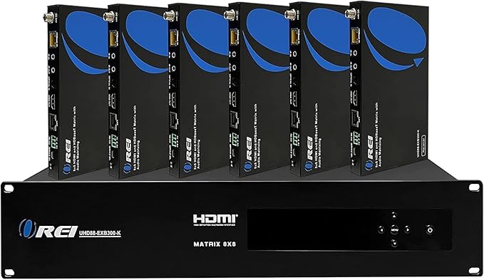 OREI 8X8 4K HDMI Matrix Switcher Extender - HDBaseT UltraHD 4K @ 60Hz 4:4:4 Over Single CAT5e/6/7 Cable with HDR, CEC & IR Control, RS-232 - Up to 400 Ft - Additional 8 Loop Out - 8 Receivers