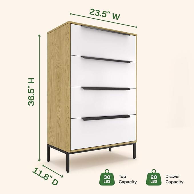 tinge Lira Premium Fabric Dresser - Solid Wooden Frame, 4 Spacious Sag-Proof Drawers with Sleek Metal Handles - Sleek & Durable Storage Solution for Your Home (Light Brown)
