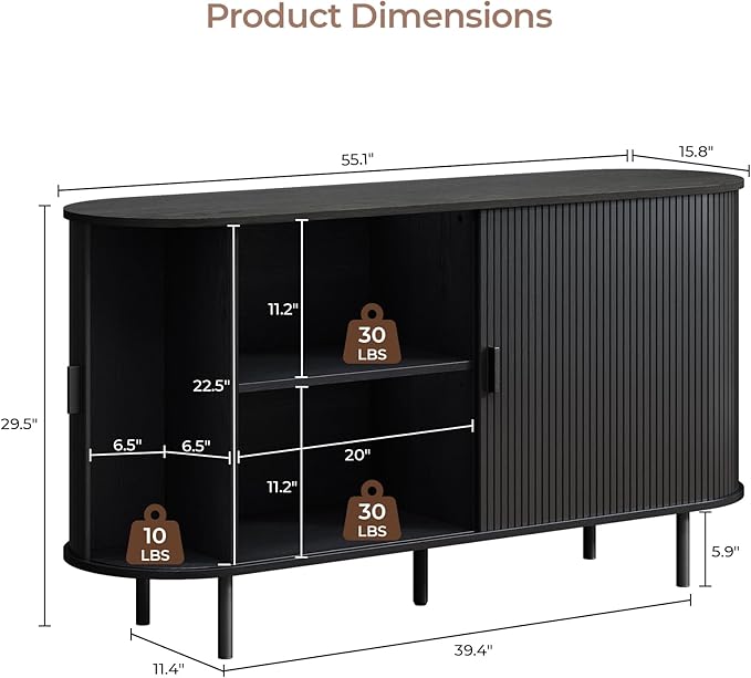 Buffet Cabinet with Storage, Fluted Sideboard Buffet with Sliding Door, Coffee Bar Cabinet with Adjustable Shelf, Console Table, Accent Table for Entryway, Kitchen (Black, 55 Inch)