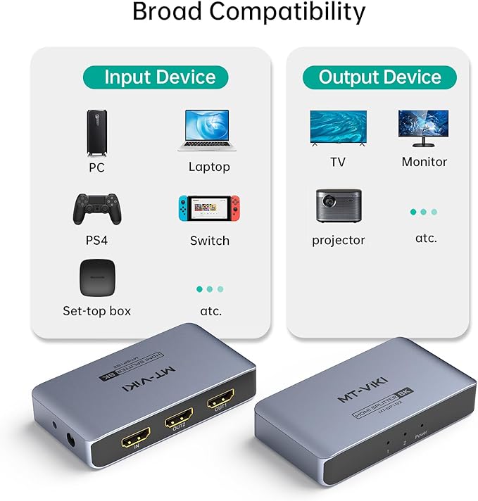 MT-VIKI 4K@120Hz HDMI Splitter 1 in 2 Out Aluminum HDMI Splitter 2.1, 8K@60Hz Duplicate/Mirror, 40Gbps, HDCP2.3, EDID (Non-bidirectional)