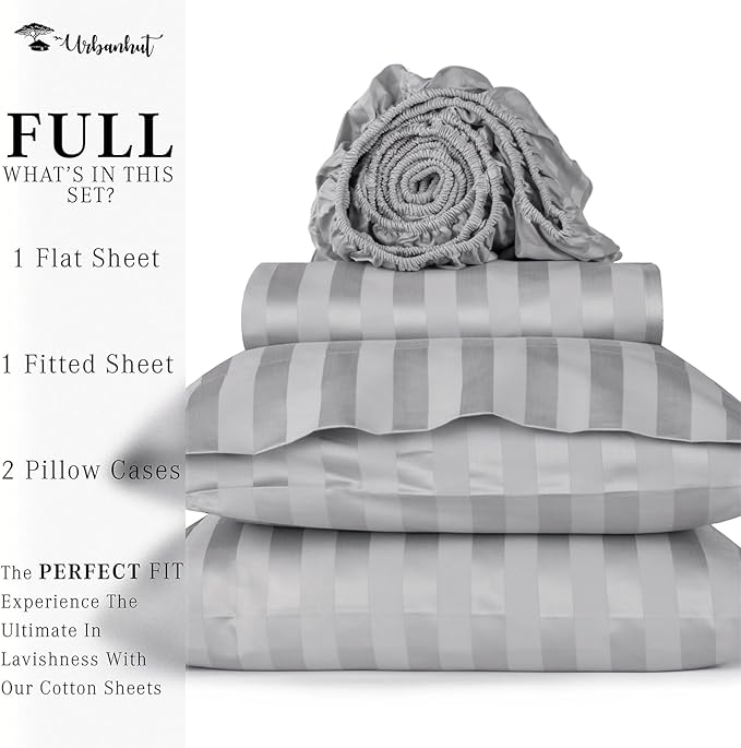URBANHUT 800 Thread Count 100% Cotton Damask Full Size Sheets, 4 Piece Striped Full Size Bedsheets, Luxury Hotel Sheets Sateen Weave - Better Than Egyptian, 16" Elasticized Deep Pocket- Silver Grey