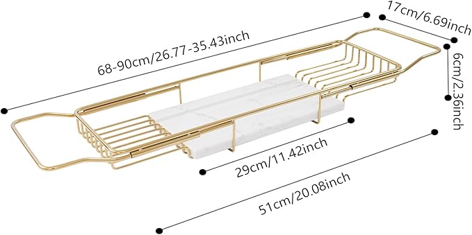 Bathtub Tray Caddy for Luxury Bath, Stainless Steel 26.8-35.4 in Expandable Extra Wide Bath Tub Tray with Natural Marble and Mobile/Tablet Stand, Ideal for Home Spa Lovers (Gold + White)