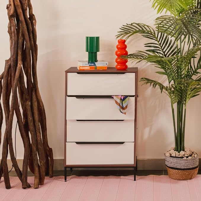 tinge Lira Premium Fabric Dresser - Solid Wooden Frame, 4 Spacious Sag-Proof Drawers with Sleek Metal Handles - Sleek & Durable Storage Solution for Your Home (Dark Brown)