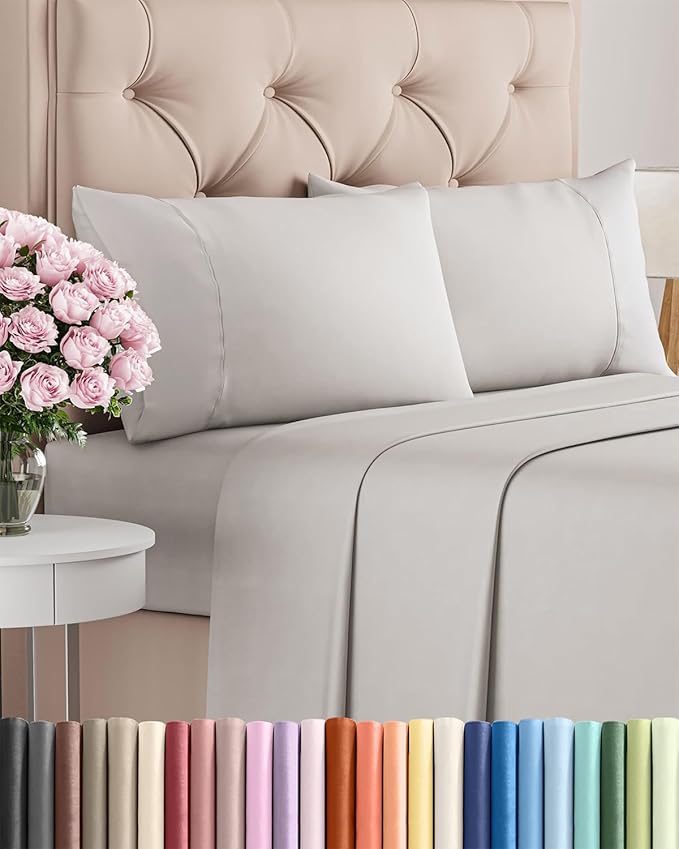Twin 4 Piece Sheet Set - Cooling, Comfy & Breathable - Hotel Luxury Bedding, Includes Fitted Sheet for Women, Men, Kids & Teens - 1 Flat, 1 Fitted Sheet, 2 Pillowcases with Deep Pockets - French Grey