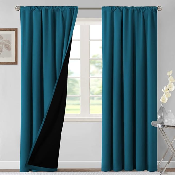 H.VERSAILTEX 100% Blackout Curtains for Bedroom Thermal Insulated Blackout Curtains for Living Room 96 Inches Long Rod Pocket Curtains with Black Liner 2 Panels Set, Dark Teal