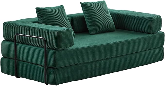 4-in-1 Convertible Folding Sleeper Sofa Bed, Fold Out Floor Sofa Couch with Fixed-Shape Frame, Cloud Corduroy Foldable Mattress Couch for Living Room Bedroom (78.5" Corduroy, Dark Green)