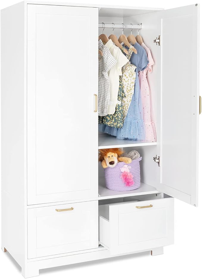 VINGLI Armoire Wardrobe Closet with Doors and Drawers, Wardrobe Cabinet, Armoire with Drawers, White Closet, 35" W x 20" D x 60" H