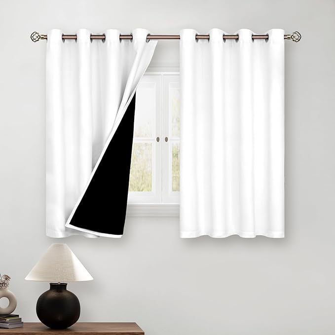 BGment Short 100% Blackout Curtains for Bedroom, Thermal Insulated Energy Efficiency Noise Reducing Grommet Curtains 45 Inch Length with Liner for Small Window 2 Panels Each 52 Inch Wide, Pure White