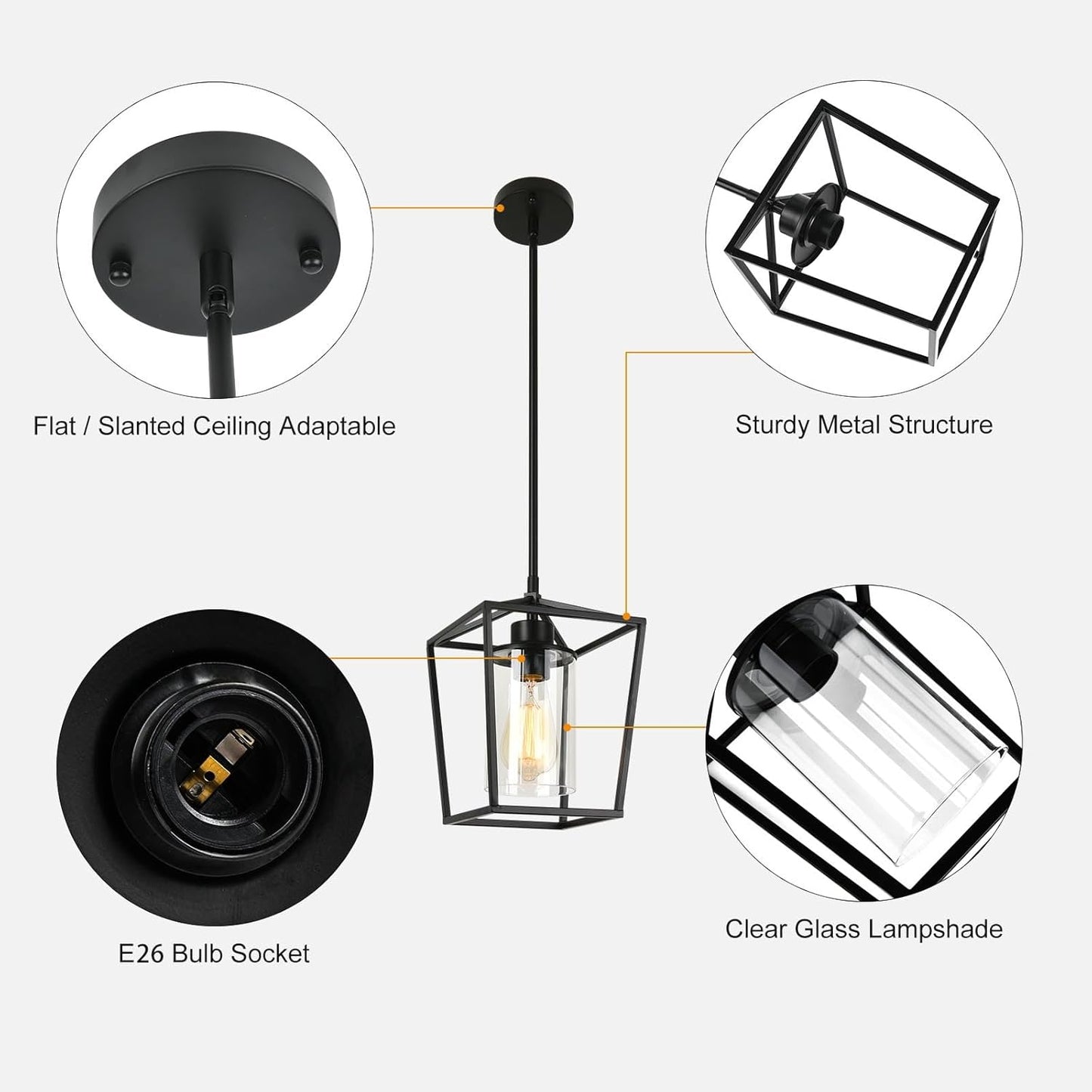 1-Light Black Pendant Light Fixture Farmhouse Iron Cage Metal Pendant Light Lantern Hanging Light Fixtures with Clear Glass Shade for Kitchen Island, Entryway, Dining Room, Hallway 5.9*5.9*8.27IN