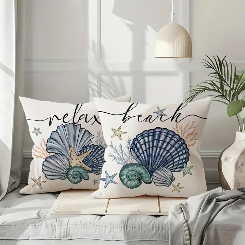 Beach Theme Throw Pillow Covers, 18x18 inches, Coastal Seashell and Starfish - Image 6