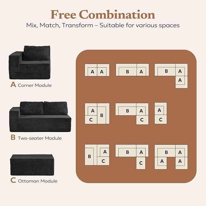 40" Modular Sectional Sofa, Upholstered Floor Sofa Couch with Pillow, Bean Bag Chair for Bedroom Living Room, No Assembly Required (Plush Corduroy Fabric, Black)