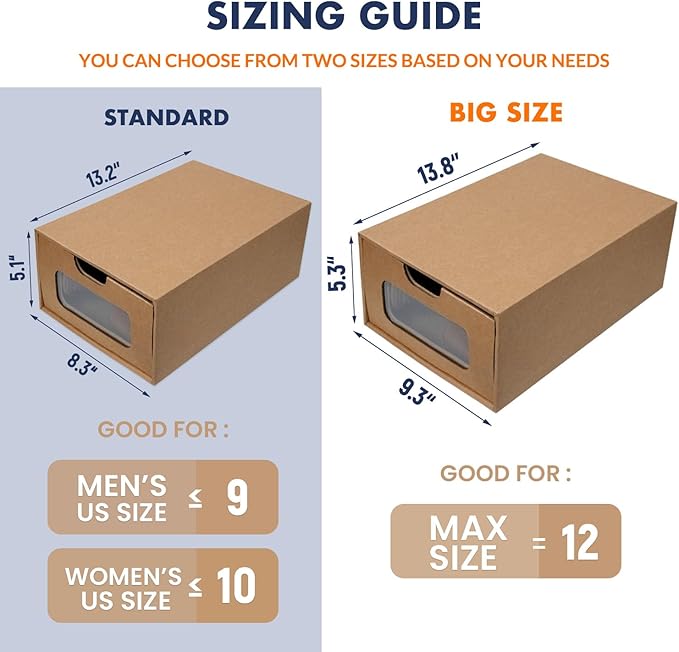 Shoe Boxes Cardboard, 12 Pack, Big Size, Waterproof, Heavy Duty, Stackable Shoe Storage Boxes, with Marking Labels, Transparent Window, 13.8" L x 9.3" W x 5.3" H