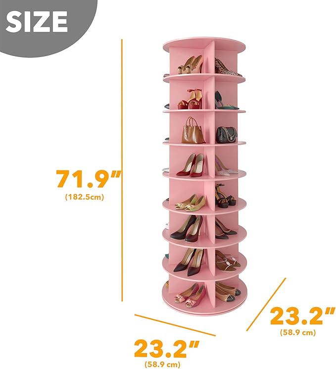 SpaceAid 8 Tier Rotating Shoe Rack Tower, Spinning Shoe Display Lazy Susan, Revolving 360 Shoe Rack Storage Round Carousel, Vertical Handbag Rotate Shoes Closet Organization (8-Tier Pink)