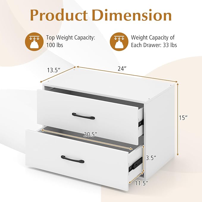 Giantex Stackable 2-Drawer Dressers for Bedroom - Short Dresser Two Drawer Storage Cabinet w/Handles & Anti-Topping Device, Small Dresser Chest of 2 Drawers for Closet Bedroom (2, White)