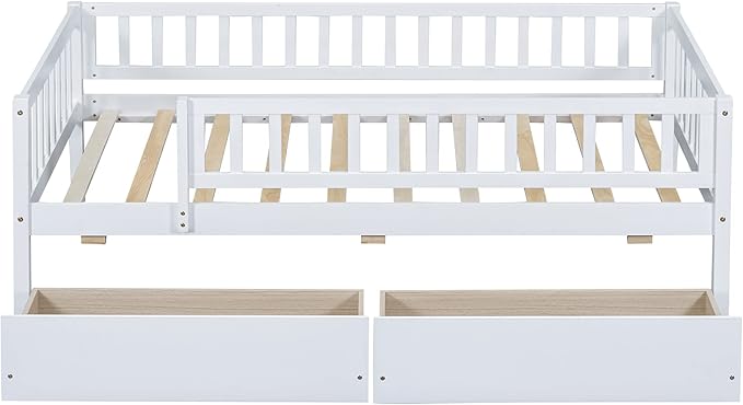 Bellemave Twin Bed Frames with Rails for Kids, Twin daybed Frame with Drawers for Boys/Girls/Adults，White