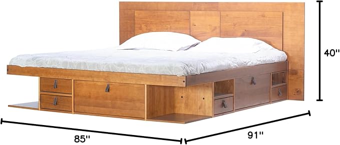 memomad Bali Slim Set: Storage Platform Bed with Drawers + Flat Panel Headboard (King Size, Oak Brown Wood)