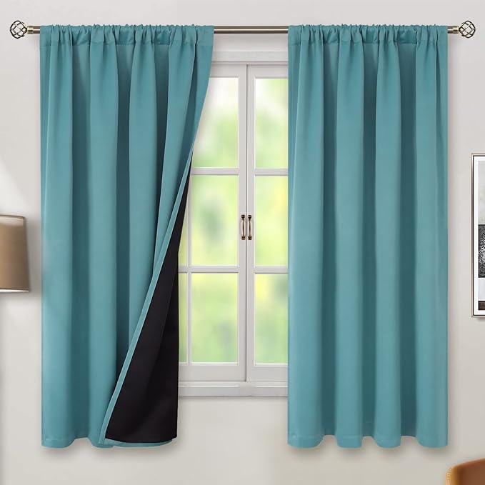 BGment 100% Blackout Curtains 63 Inches Long 2 Panels for Bedroom with Thermal Insulated Black Liner, Double Layer Room Darkening Curtains with Rod Pocket, Sea Teal, 42 x 63 Inch