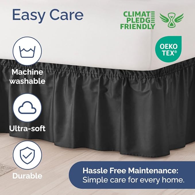 Wrap Around Dust Ruffle Bed Skirt - Black - for Full Size Beds with 18 Inch Drop - Easy Fit Elastic Strap - Adjustable Pleated Bedskirt w/Brushed Fabric - Wrinkle Free - for Women, Men, Kids & Teens