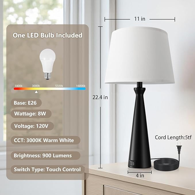 Seealle Single Modern Table Lamp - Touch Bedside Lamp for Nightstand with USB Dual C+A,3-Way Dimmable Black Nightstand Lamp for Living Room Bedroom End Table(Bulb Included)