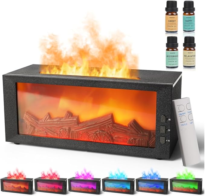 BOHOFAM Fireplace Essential Oil Aroma Diffuser,Flame Air Humidifiers 300ML,14-Hour Runtime,Colorful Flame Diffusers for Home,Included 4 * 10ML Hotel Collection Diffuser Oils for Bedroom(Black)