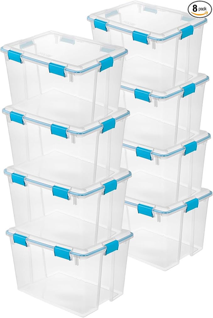 Sterilite 8-Pack Gasket Box, Weather-Resistant Storage Bins with Latching Lids, 80 Quart - Heavy-Duty Organizing Containers for Closet, Bathroom, and Office