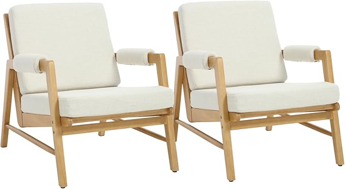 HEAH-YO Modern Accent Chair Set of 2, Upholstered Linen Fabric Living Room Chair with Wooden Frame, Comfy Armchair with Thick Cushion for Bedroom Balcony, Beige