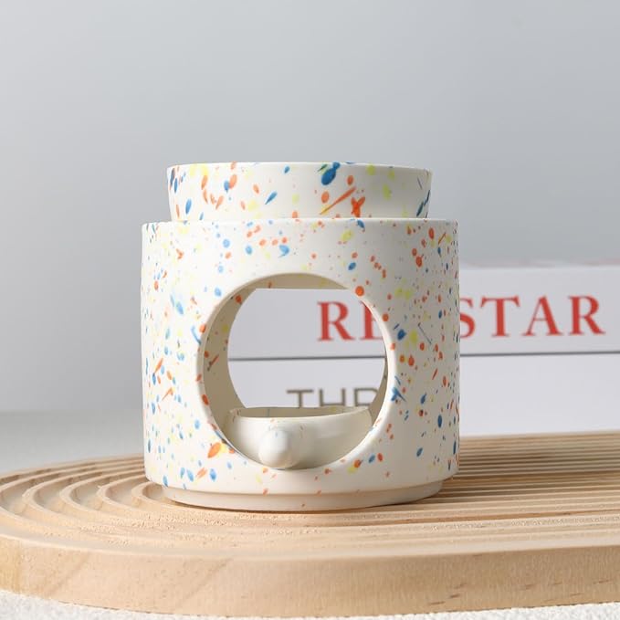 Ceramic Fragrance lamp with Tea Light Holder | Aroma lamp | Scented Oil and Scented Wax Diffuser | H*11cm ø10cm Removable Bowl | Grooved Surface (Multicolor)
