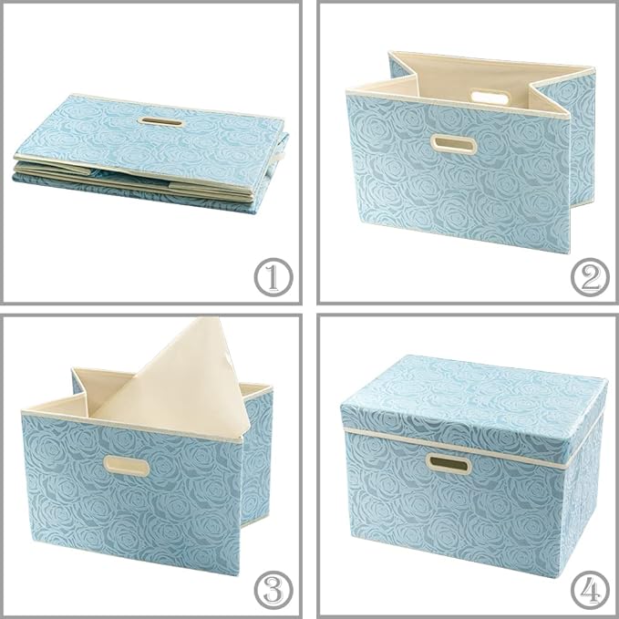 PRANDOM Larger Collapsible Storage Cubes with Lids Fabric Decorative Storage Bins Boxes Organizer Containers Baskets with Cover Handles for Bedroom Closet Living Room Blue 17.7x11.8x11.8 Inch 3 Pack