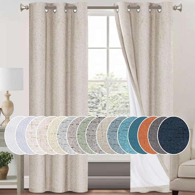 PrinceDeco Primitive Textured Linen 100% Blackout Curtains for Bedroom/Living Room Energy Saving Window Treatment Curtain Drapes, Burlap Fabric with White Thermal Insulated Liner (42 x 84in, Natural)