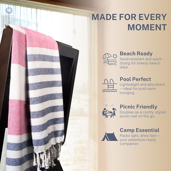 Cotton Turkish Beach Towel with Towels Oversized 36"x72" Pool Absorbent Extra Large Quick Dry Sand Travel Towel (Rosé & Riviera, 4 Pack)