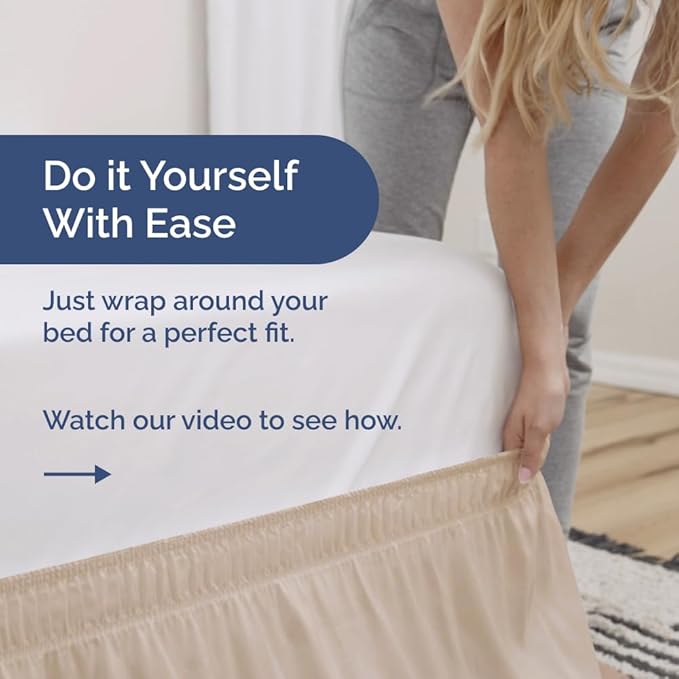 Wrap Around Dust Ruffle Bed Skirt - Wheat - for Queen Size Beds w/ 12 Inch Drop - Easy Fit Elastic Strap - Adjustable Pleated Bedskirt w/Brushed Fabric - Wrinkle Free - for Women, Men, Kids & Teens