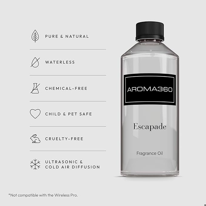 Aroma360 - Escapade Fragrance Oil Scent - Luxury Aromatherapy Scent Diffuser Oil - Hints of Lemon, Ocean, Bergamot, & Fragrant Jasmine - for Essential Oil Diffusers - for Home & Office - 500mL