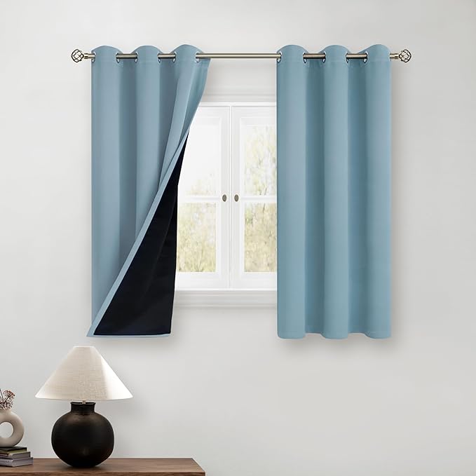 BGment Short 100% Blackout Curtains for Bedroom, Thermal Insulated Lined Energy Efficiency Noise Reducing Grommet Curtains 54 Inch Length for Small Window 2 Panels Each 42 Inch Wide, Greyish Blue