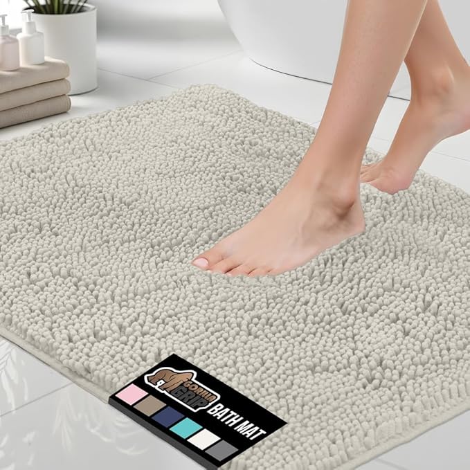 GORILLA GRIP Bath Rug Mat, Thick Absorbent Chenille, Quick Dry Microfiber Mats, Rubber Backing Washable Shower Floor Rugs, Bathmat Runner, US Designed Bathroom Home Decor 24x17, Dusty Cloud
