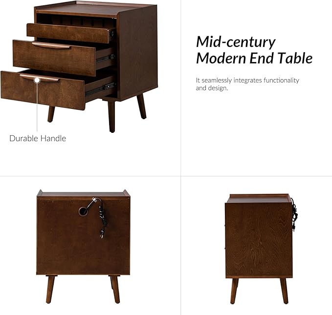 HULALA HOME 2 Drawer End Table with Pull-Out Shelf, Mid-Century Modern End Tables with Wood Legs, Wood Side Table with Charging Station(Walnut)