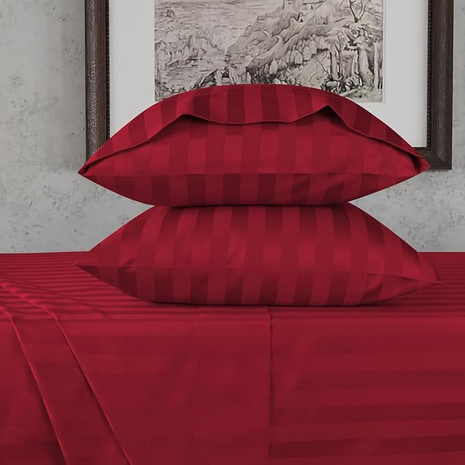 URBANHUT 800 Thread Count 100% Cotton Damask Queen Size Sheets, 4 Piece Striped Queen Size Bedsheets, Luxury Hotel Sheets Sateen Weave - Better Than Egyptian, 16" Elasticized Deep Pocket- Burgundy