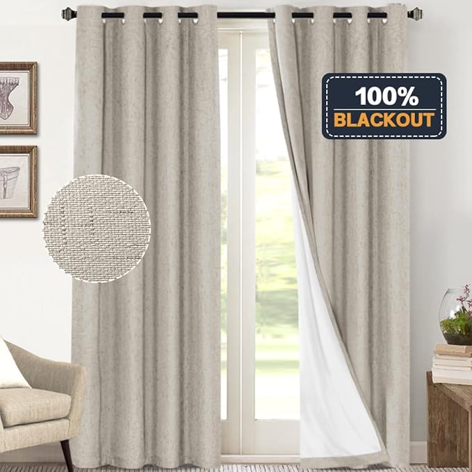 PrinceDeco Blackout Curtains 108 Inches Long 2 Panels Set for Bedroom Noise Reducing Window Treatment Drapes for Nursery Living Room Grommet Full Blackout Curtains with White Liner,Cobblestone