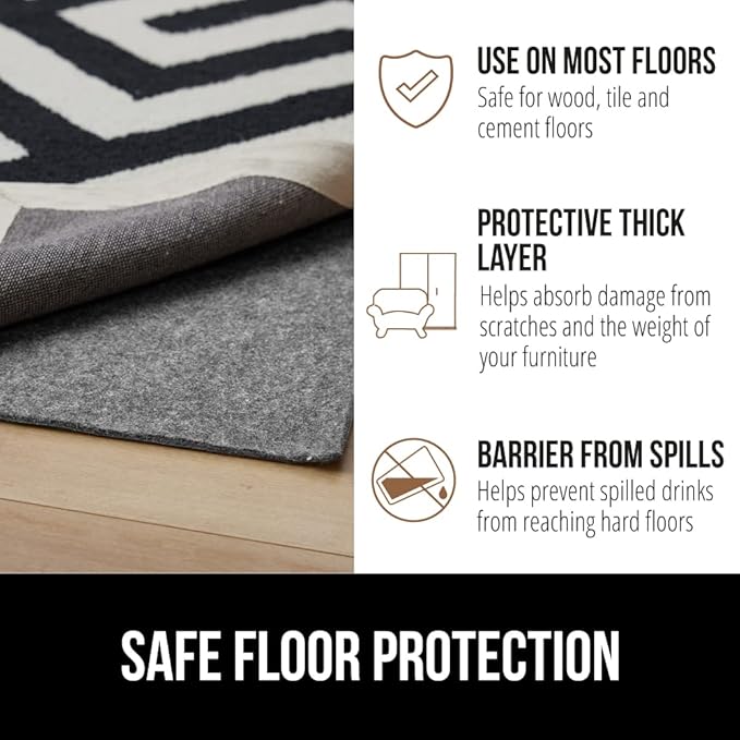 GORILLA GRIP Felt and Natural Rubber Stay in Place Slip Resistant Rug Pad, 1/8in Thick, 6x9 FT Protective Padding Under Area Rugs, Cushioned Gripper Pads, Carpet Runners, Hardwood Floors Protection