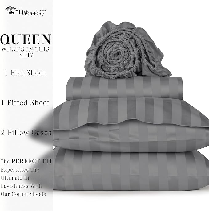 URBANHUT 800 Thread Count 100% Cotton Damask Queen Size Sheets, 4 Piece Striped Queen Size Bedsheets, Luxury Hotel Sheets Sateen Weave - Better Than Egyptian, 16" Elasticized Deep Pocket- Dark Grey