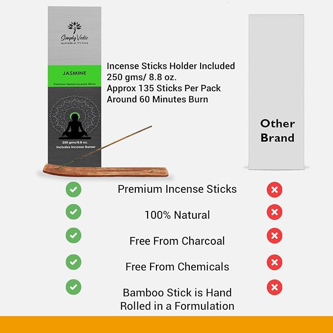 Simply Vedic Jasmine Incense Sticks – 250g Pack (Approx. 135 Handmade Sticks + Incense Holder) | 45-Minute Burn | Natural Essential Oils for Meditation, Yoga, Aromatherapy & Spiritual Use